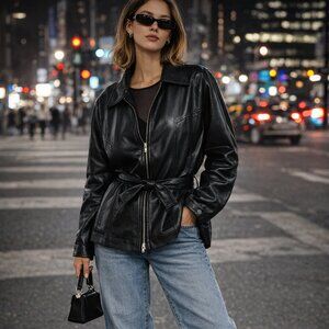 East 5th Genuine Leather Belted Jacket Black Zip Front Size XLarge